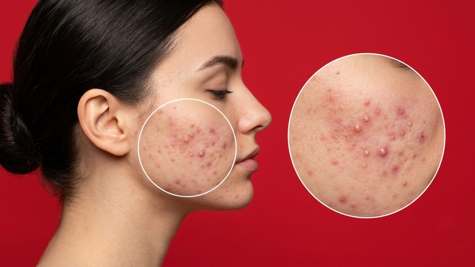 Detalhe da pele do rosto com lesões de acne em avaliação dermatológica