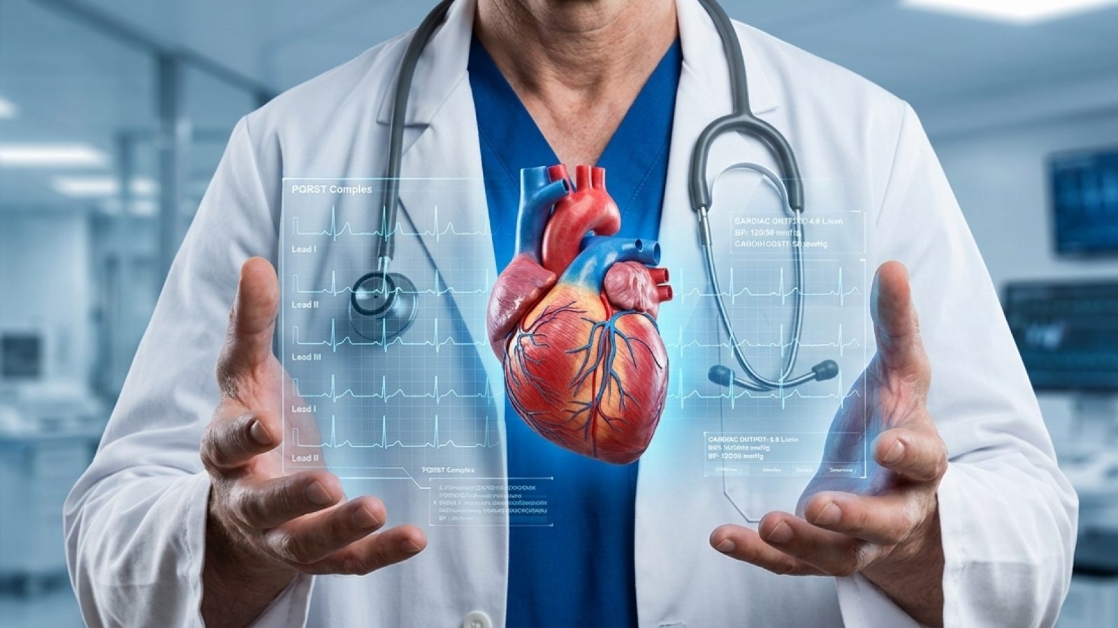 Médico cardiologista analisando dados do coração e traçados de eletrocardiograma