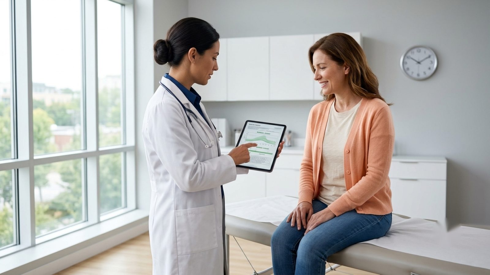 Médica conversando com paciente durante consulta em consultório