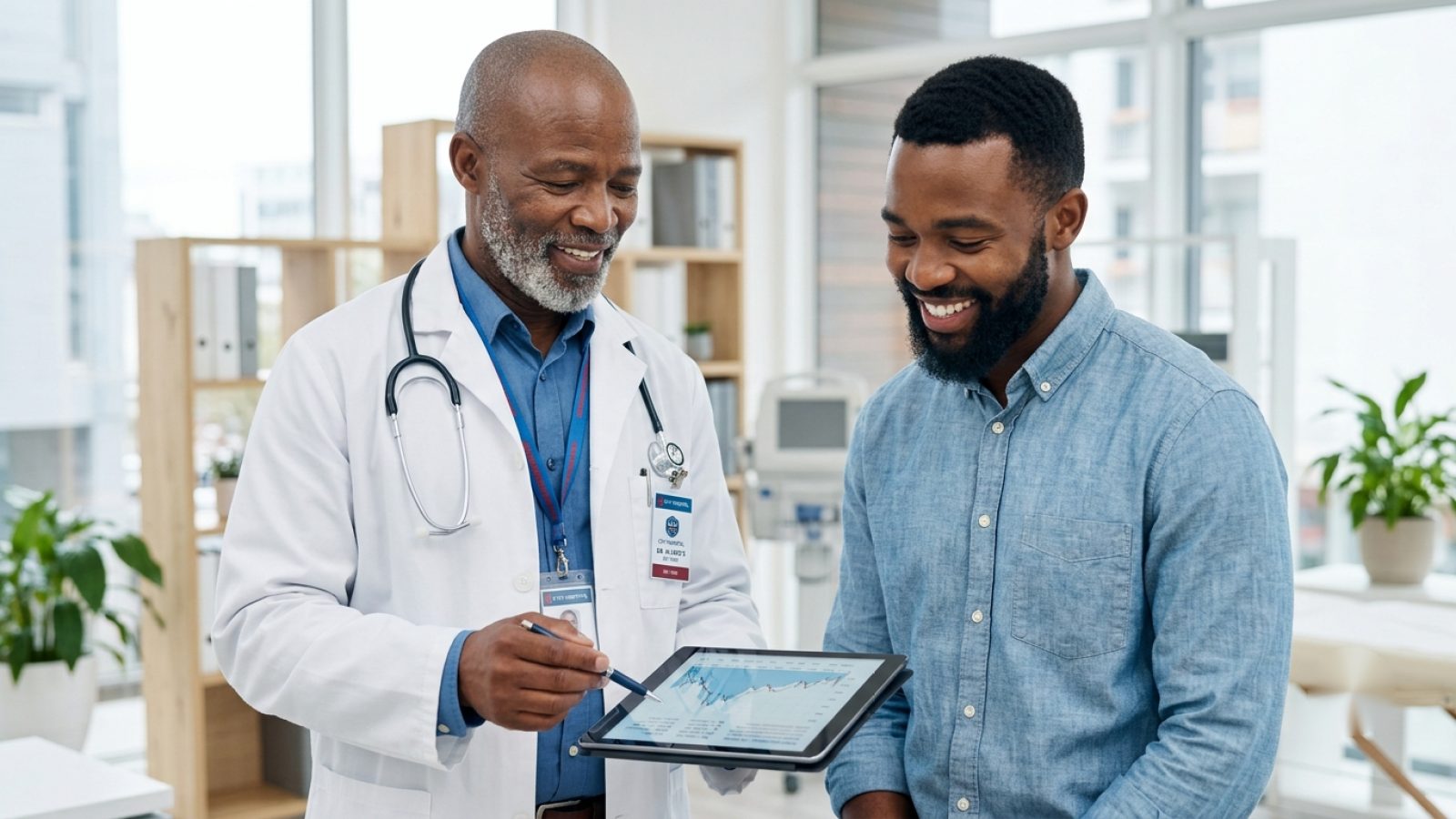 Médico explicando resultado de exame a paciente em consultório